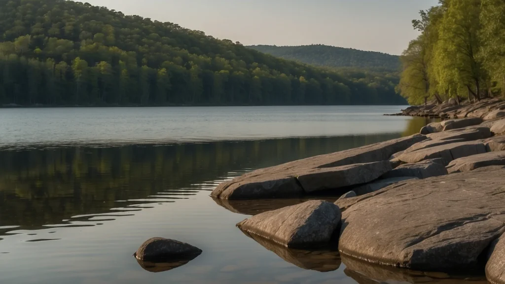 Granite shelf sloping into Lake Wedowee on a summer afternoon